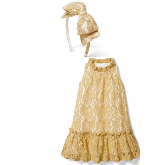 Janie&Jack Gold Lace Ruffle Dress & Headband - Picture 1 of 10